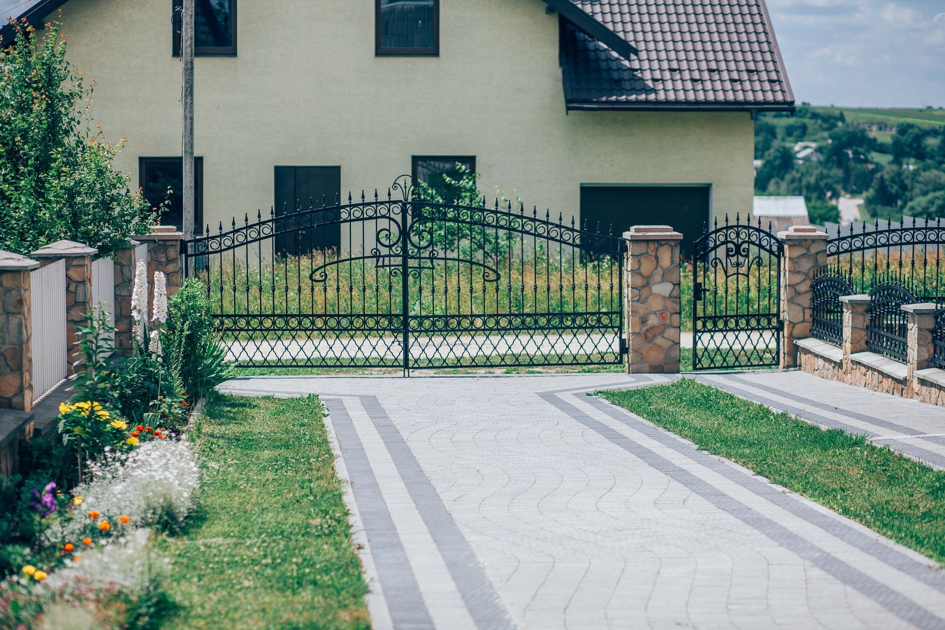 Perspective View of Monotone Gray Brick Stone on The Ground for Street Road. Sidewalk, Driveway, Pavers, Pavement in Vintage Design Flooring Square Pattern Texture Background, house, grass